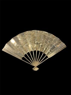 Vintage Brass Oriental Style Hand Fan Raised Relief Phoenix Sun Bird